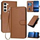 For Samsung Galaxy S23 5G YX0070 Carbon Fiber Buckle Leather Phone Case with Lanyard(Coffee) - 1