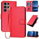 For Samsung Galaxy S23 Ultra 5G YX0070 Carbon Fiber Buckle Leather Phone Case with Lanyard(Red) - 1