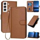 For Samsung Galaxy S22 5G YX0070 Carbon Fiber Buckle Leather Phone Case with Lanyard(Coffee) - 1