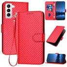 For Samsung Galaxy S21 5G YX0070 Carbon Fiber Buckle Leather Phone Case with Lanyard(Red) - 1