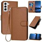 For Samsung Galaxy S21 5G YX0070 Carbon Fiber Buckle Leather Phone Case with Lanyard(Coffee) - 1
