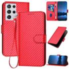 For Samsung Galaxy S21 Ultra 5G YX0070 Carbon Fiber Buckle Leather Phone Case with Lanyard(Red) - 1