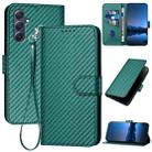 For Samsung Galaxy M54 YX0070 Carbon Fiber Buckle Leather Phone Case with Lanyard(Dark Green) - 1