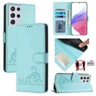 For Samsung Galaxy S21 Ultra 5G Cat Rat Embossed Pattern RFID Leather Phone Case with Lanyard(Mint Green) - 1