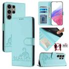 For Samsung Galaxy S23 Ultra 5G Cat Rat Embossed Pattern RFID Leather Phone Case with Lanyard(Mint Green) - 1