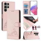 For Samsung Galaxy S23 Ultra 5G Cat Rat Embossed Pattern RFID Leather Phone Case with Lanyard(Pink) - 1