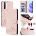 For Honor 20 4G/20 Pro 4G/20S 4G Cat Rat Embossed Pattern RFID Leather Phone Case with Lanyard(Pink) - 1