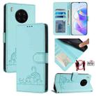 For Honor 50 Lite Cat Rat Embossed Pattern RFID Leather Phone Case with Lanyard(Mint Green) - 1