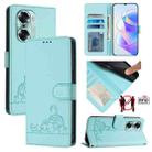 For Honor 60 5G Cat Rat Embossed Pattern RFID Leather Phone Case with Lanyard(Mint Green) - 1