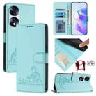 For Honor 70 5G Cat Rat Embossed Pattern RFID Leather Phone Case with Lanyard(Mint Green) - 1