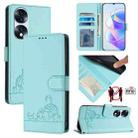 For Honor 70 Pro 5G Cat Rat Embossed Pattern RFID Leather Phone Case with Lanyard(Mint Green) - 1