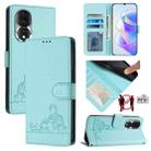 For Honor 80 5G Cat Rat Embossed Pattern RFID Leather Phone Case with Lanyard(Mint Green) - 1