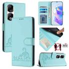 For Honor 90 Pro 5G Cat Rat Embossed Pattern RFID Leather Phone Case with Lanyard(Mint Green) - 1