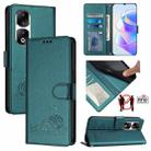 For Honor 90 Pro 5G Cat Rat Embossed Pattern RFID Leather Phone Case with Lanyard(Peacock Green) - 1