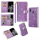 For Huawei P20 lite Multi-card Slots Starry Sky Laser Carving Glitter Zipper Horizontal Flip Leather Case with Holder & Wallet & Lanyard(Purple) - 1