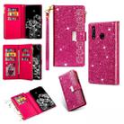 For Huawei P30 lite Multi-card Slots Starry Sky Laser Carving Glitter Zipper Horizontal Flip Leather Case with Holder & Wallet & Lanyard(Rose Red) - 1