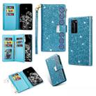 For Huawei P40 Multi-card Slots Starry Sky Laser Carving Glitter Zipper Horizontal Flip Leather Case with Holder & Wallet & Lanyard(Sky Blue) - 1