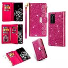 For Huawei P40 Multi-card Slots Starry Sky Laser Carving Glitter Zipper Horizontal Flip Leather Case with Holder & Wallet & Lanyard(Rose Red) - 1