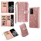 For Huawei P40 Multi-card Slots Starry Sky Laser Carving Glitter Zipper Horizontal Flip Leather Case with Holder & Wallet & Lanyard(Rose Gold) - 1