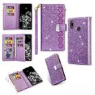 For Huawei Y7 (2019) Multi-card Slots Starry Sky Laser Carving Glitter Zipper Horizontal Flip Leather Case with Holder & Wallet & Lanyard(Purple) - 1