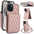 For iPhone 15 Plus YM015 Crossbody Rhombic Card Bag RFID Phone Case(Rose Gold) - 1