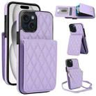 For iPhone 15 Plus YM015 Crossbody Rhombic Card Bag RFID Phone Case(Light Purple) - 1