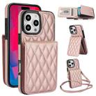 For iPhone 16 Pro Max YM015 Crossbody Rhombic Card Bag RFID Phone Case(Rose Gold) - 1