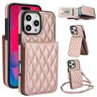 For iPhone 16 Pro YM015 Crossbody Rhombic Card Bag RFID Phone Case(Rose Gold) - 1