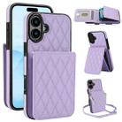 For iPhone 16 Plus YM015 Crossbody Rhombic Card Bag RFID Phone Case(Light Purple) - 1