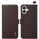 For iPhone 16 Plus KHAZNEH Side-Magnetic Litchi Genuine Leather RFID Case(Brown) - 1