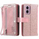 For Motorola Moto E14 Nine Card Zipper Bag Leather Phone Case with Lanyard(Pink) - 1