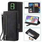 For Motorola Moto G35 Nine Card Zipper Bag Leather Phone Case with Lanyard(Black) - 1