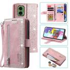 For Motorola Moto G35 Nine Card Zipper Bag Leather Phone Case with Lanyard(Pink) - 1