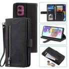 For Motorola Moto G55 Nine Card Zipper Bag Leather Phone Case with Lanyard(Black) - 1