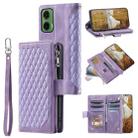 For Motorola Moto G35 Grid Texture Zipper Leather Phone Case with Lanyard(Purple) - 1