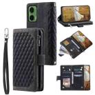 For Motorola Moto G35 Grid Texture Zipper Leather Phone Case with Lanyard(Black) - 1