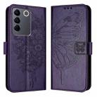 For vivo V27 5G/V27 Pro 5G Global Embossed Butterfly Leather Phone Case(Dark Purple) - 1