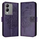 For vivo Y17s 4G Global / Y28 5G India Embossed Butterfly Leather Phone Case(Dark Purple) - 1