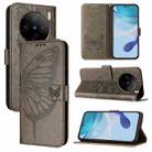 For vivo X100 Embossed Butterfly Leather Phone Case(Grey) - 1