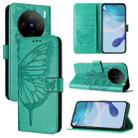 For vivo X100 Embossed Butterfly Leather Phone Case(Green) - 1