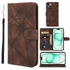 For iPhone 15 Plus Skin Feel Geometric Lines Leather Phone Case(Brown) - 1