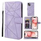 For iPhone 15 Skin Feel Geometric Lines Leather Phone Case(Purple) - 1