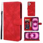 For iPhone 16 Plus Skin Feel Geometric Lines Leather Phone Case(Red) - 1