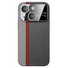 For iPhone 15 Large Window Carbon Fiber Shockproof Phone Case(Silver Red) - 1