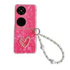 For Huawei P50 Pocket Pearlescent Shell Texture Heart Pattern Phone Case with Bracelet(Red) - 1
