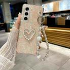 For Samsung Galaxy Z Fold3 Pearlescent Shell Texture Heart Pattern Phone Case with Bracelet(Pink) - 2