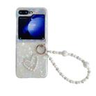 For Samsung Galaxy Z Flip5 Pearlescent Shell Texture Heart Pattern Phone Case with Bracelet(White) - 1