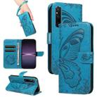 For Sony Xperia 1 V Swallowtail Butterfly Embossed Leather Phone Case(Blue) - 1