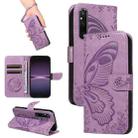 For Sony Xperia 1 V Swallowtail Butterfly Embossed Leather Phone Case(Purple) - 1