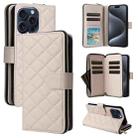 For iPhone 15 Pro Crossbody Rhombic Zipper Tower Buckle Leather Phone Case with Lanyard(Beige) - 1